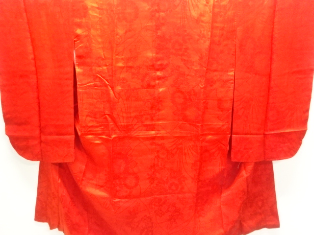 アンティーク　綸子　草花模様織り出し長襦袢(刺繍衿付き)